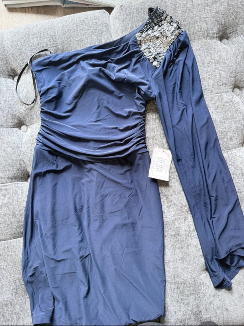 B Darlin Navy One-Shoulder Sequin Accent Long Sleeve Dress